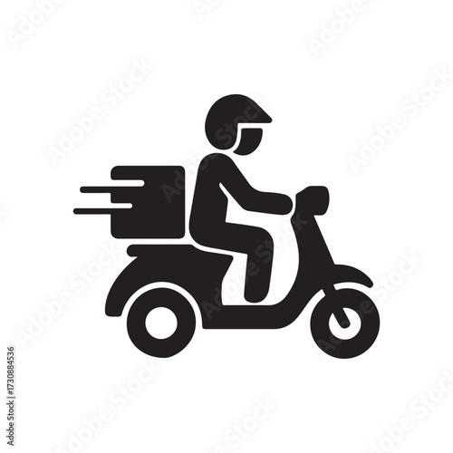 Black silhouette of person riding scooter with delivery box