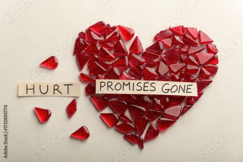 Broken heart arrangement with promises and hurt on white