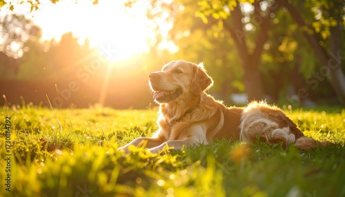 Fototapeta Naklejka Na Ścianę i Meble -  Golden Retriever in a park at sunset