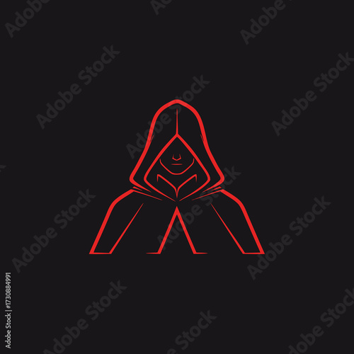 Red line art vector of an anonymous cloaked person, embodying stealth and secrecy against a black background.