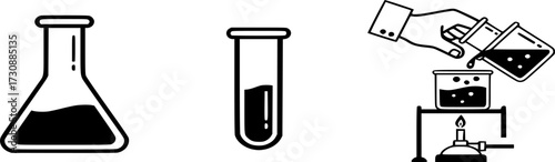 
Laboratory and Science icon set. Chemistry lab experiment, test tube baker icons vector