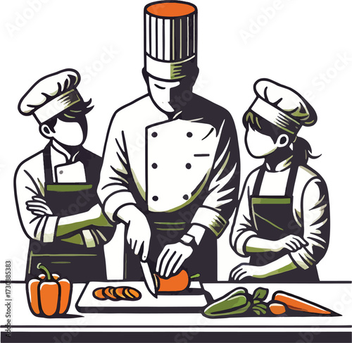 Three chefs in uniform preparing vegetables cooking