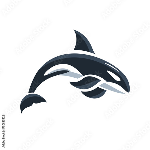 Dynamic stylized black and white orca whale jumping illustration, powerful marine mammal vector graphic, killer whale ocean wildlife art