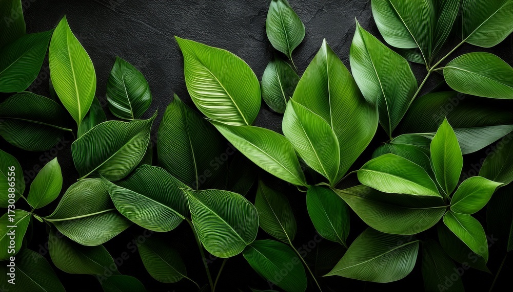 Fototapeta premium Vivid Green Foliage Against A Dark Textured Background A Natural Contrast