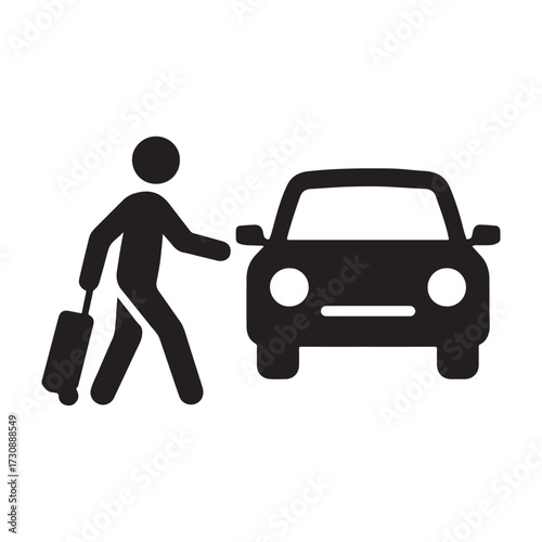 Black silhouette of person with suitcase walking towards car