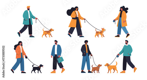 Diverse group of people walking their dogs on a leash outdoors in a city park illustration.