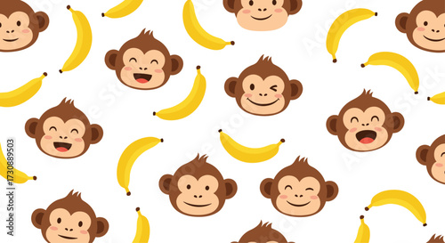 Cute cartoon monkeys and bananas seamless pattern background.