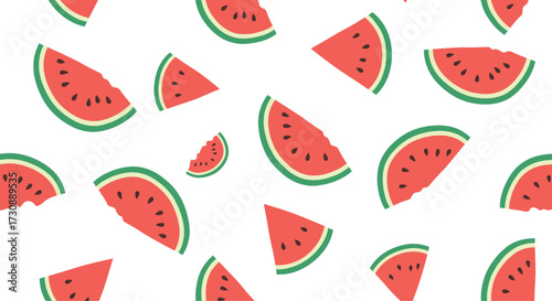 Refreshing summer fruit slices scattered across a white background.