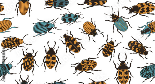 An assortment of colorful beetles scattered across a white background.