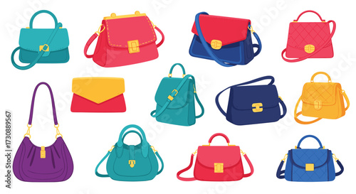 A Collection of Stylish Handbags and Purses in Various Colors and Designs