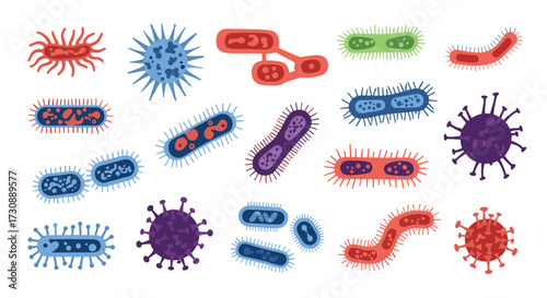 A diverse collection of colorful microscopic organisms and viruses.