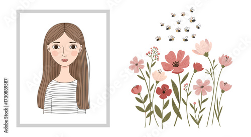 A charming portrait of a young woman with long brown hair enjoying a vibrant meadow full of wildflowers and buzzing bees.
