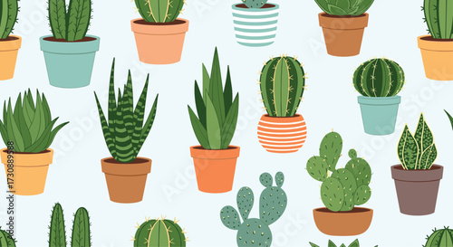 A charming seamless pattern of assorted potted succulent plants and cacti.