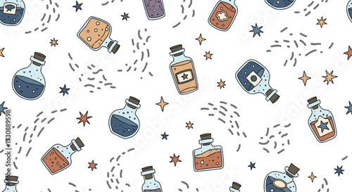 A whimsical pattern featuring various glass potions and magical stars.