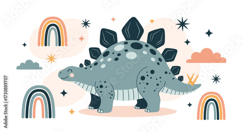 A charming illustration of a cute stegosaurus dinosaur with colorful rainbows and stars perfect for children's room decor.