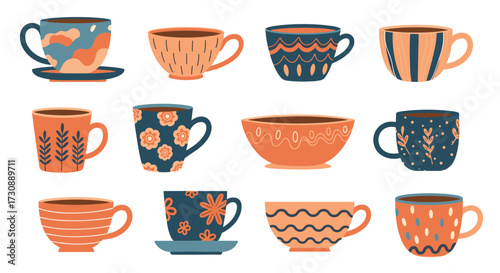 A collection of twelve decorative ceramic mugs and teacups with unique patterns.