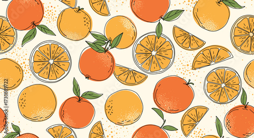 A vibrant and juicy citrus fruit pattern featuring whole and sliced oranges.