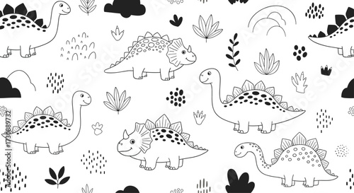 A charming collection of friendly hand drawn dinosaurs and foliage patterns.