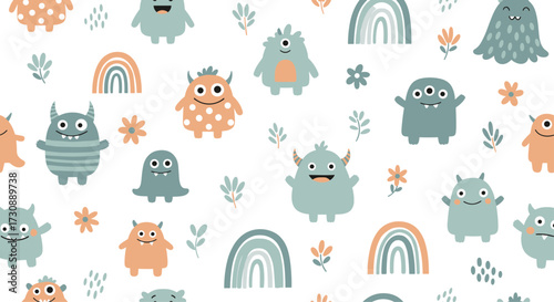 A cheerful collection of adorable and quirky little monster friends in soft pastel colors.
