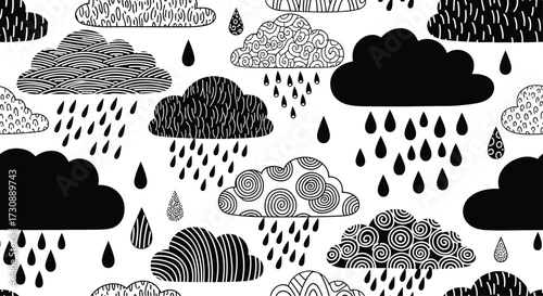 Abstract patterned clouds with raindrops creating a seamless weather illustration.