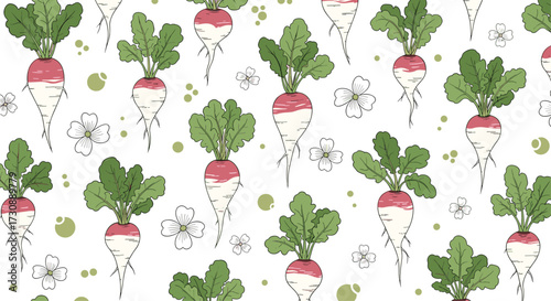 A repeating pattern of fresh radishes with green tops and earthy roots.