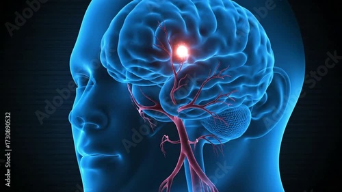 Medical illustration of the human brain with a glowing focal point indicating activity or a neurological condition.