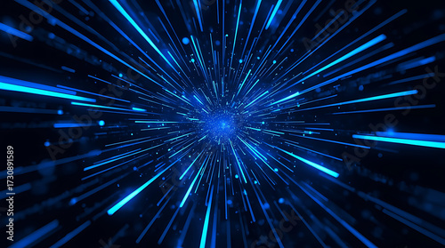 Abstract Digital Blue Light Speed Lines with Glowing Particles and a Central Burst Point Represents Futuristic Technology