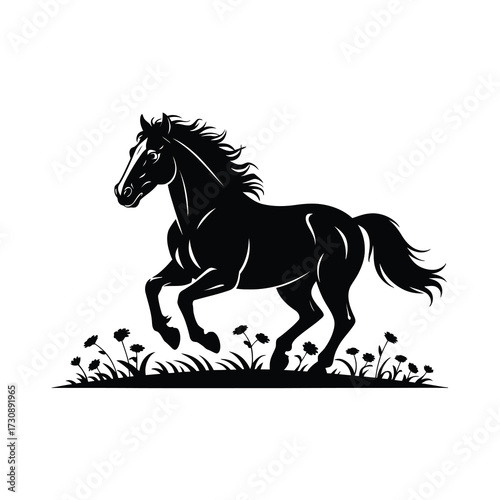 Majestic horse silhouette galloping through a field of flowers