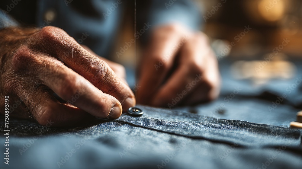 Obraz premium Craftsman sewing a button on a blue shirt in a cozy workshop during the afternoon