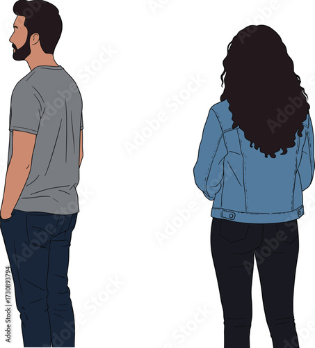 Back view of diverse couple standing apart, emotional distance, relationship tension, urban fashion, denim style, minimal illustration, expressive posture, silence