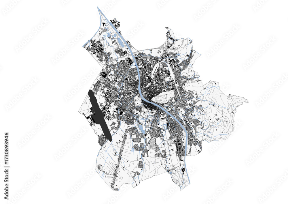 Fototapeta premium A black and white vector map of Salzburg, Austria, highlighting the city's urban grid, highways, buildings, and waterways.