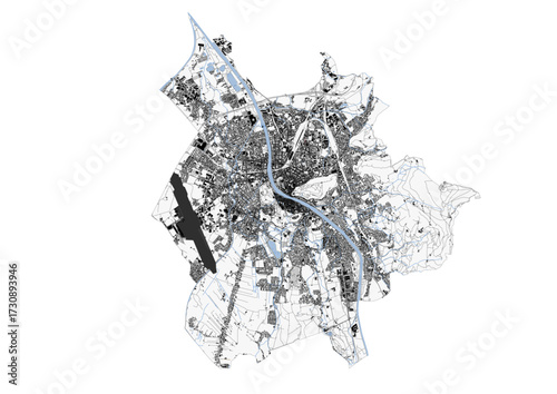 A black and white vector map of Salzburg, Austria, highlighting the city's urban grid, highways, buildings, and waterways.