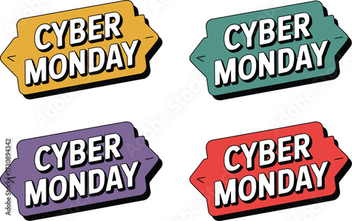 Vibrant "Cyber Monday" sale signs in four distinct colors, perfect for online shopping promotions