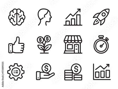 Business icons brain growth rocket store thumbs up money gear stopwatch