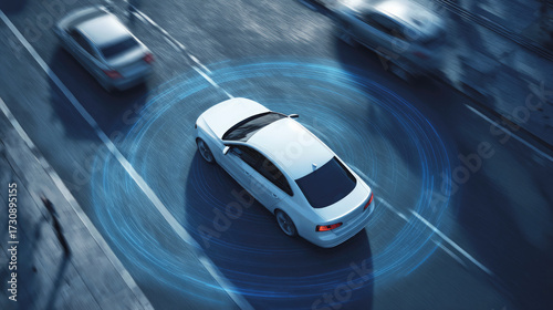 White autonomous car with digital sensor visualization driving on city road, surrounded by motion-blurred vehicles, representing smart technology and innovations. Motion blur, selective focus.