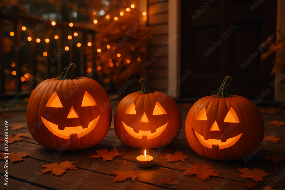 Obraz premium Three large, smiling jack-o'-lanterns and a small lit candle sit on a wooden porch deck scattered with autumn maple leaves next to a house with warm fairy lights halloween