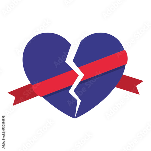 Vector art of broken heart with a red ribbon