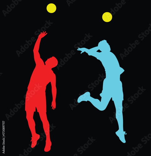 Color silhouettes of volleyball players in action, jump spike, block attempt, athletic motion, dynamic pose, sport energy, teamwork, contrast