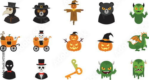 Halloween cartoon character set with monsters, pumpkins, scarecrow, plague doctor, bear, skeleton, vector illustration, spooky festive design elements