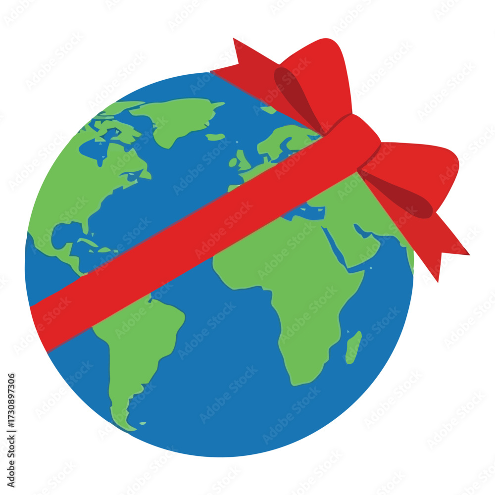 Naklejka premium Vector art of earth as a gift with a red ribbon and bow