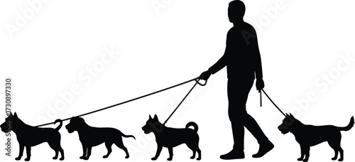 Dog walking silhouette, person with five pets, leash control, outdoor activity, black shape, vector art, isolated figure, pet handler