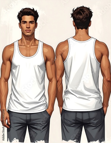 Man Wearing White Tank Top and Gray Pants.