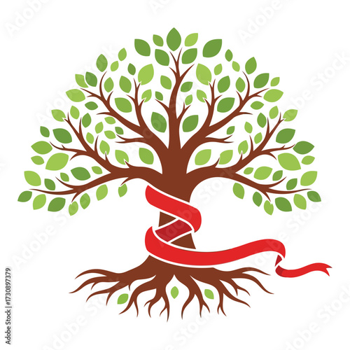 Vector art of stylized tree with red ribbon