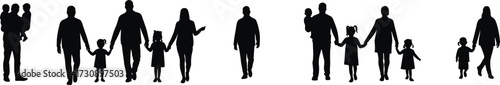 Family silhouette set, parent child poses, walking figures, holding hands, relationship concept, vector illustration, family structure, emotional bond