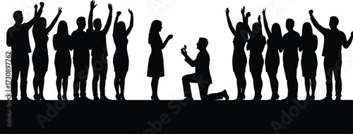 Marriage proposal silhouette, kneeling figure, engagement moment, cheering crowd, romantic gesture, emotional scene, vector illustration, love celebration, relationship concept