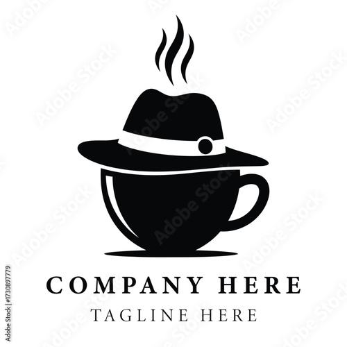 Sophisticated coffee logo with fedora hat and steam represents premium brew and elegant cafe experience