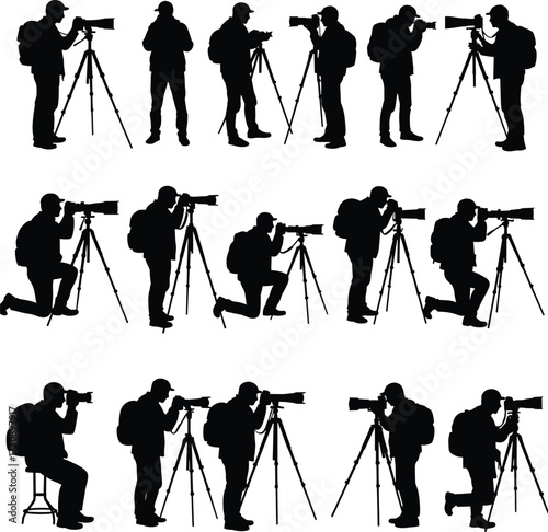 Photographer silhouette set, tripod camera poses, sitting and standing stances, backpack gear, vector art, black shape, isolated figure