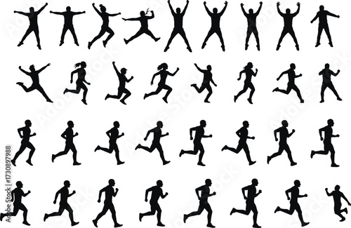 Running silhouettes, expressive poses, human motion, black figures, dynamic movement, athletic stride, celebration gesture, motion study, sports concept, silhouette collection