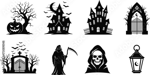 Halloween spooky elements set with haunted houses, grim reaper, gates, jack-o'-lanterns, bats, and ghost in black vector style