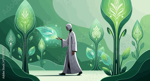 A serene digital painting of a hooded figure amidst abstract green foliage landscape illustration